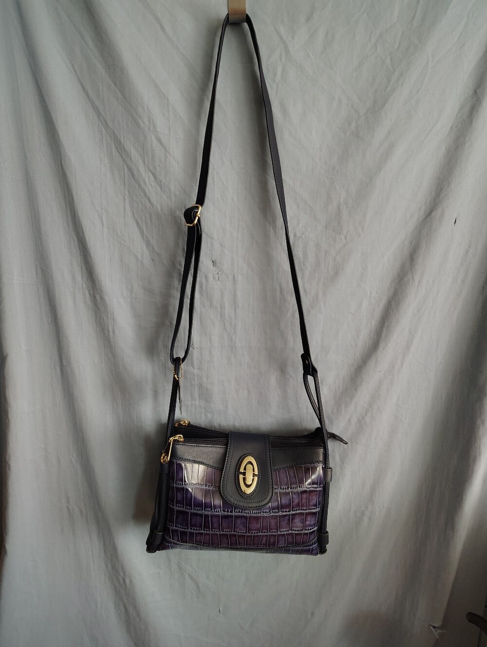 MC Croc Embossed Crossbody Purse Blue Purple Gold Tone